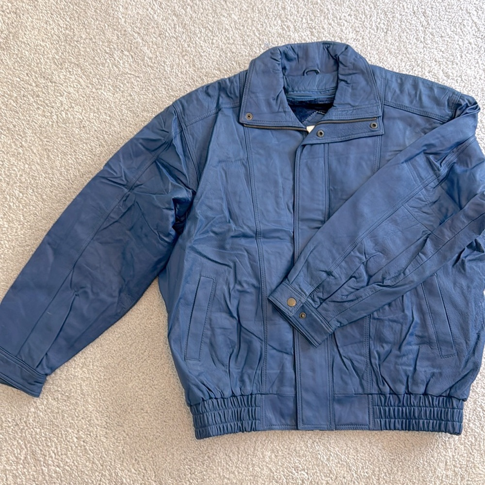 Genuine Leather blue bomber jacket